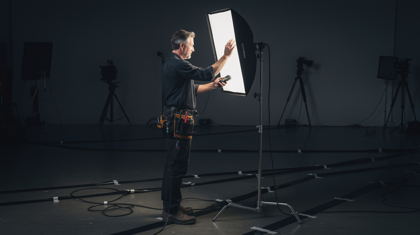 Lighting technician adjusting a softbox light on a stand in a video production studio