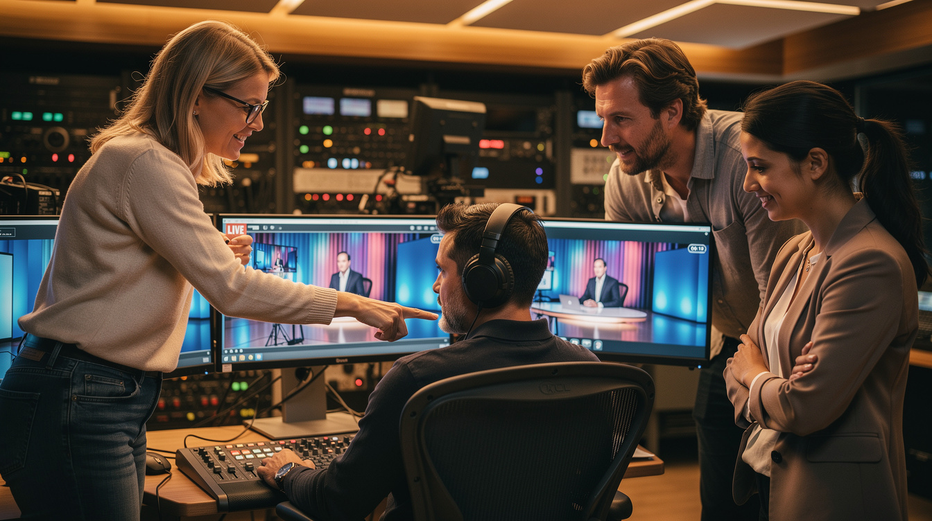 Production team reviewing footage on monitors inside a media studio control room