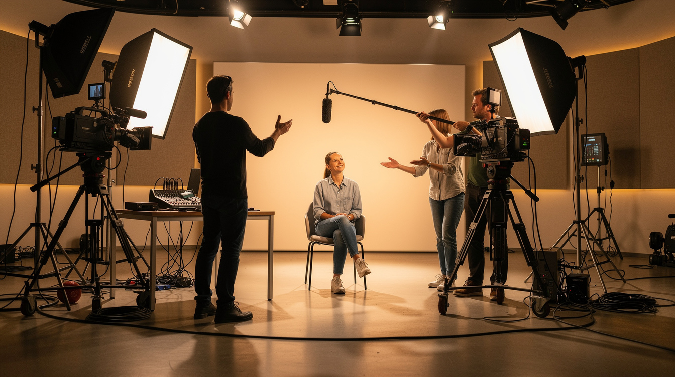 Film crew setting up lighting around a seated interview guest in a modern television studio