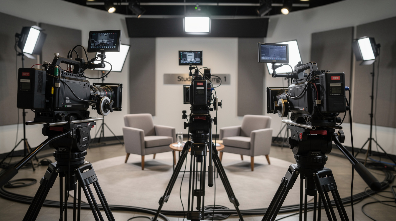 Multiple cinema cameras on tripods framing a studio set from different angles