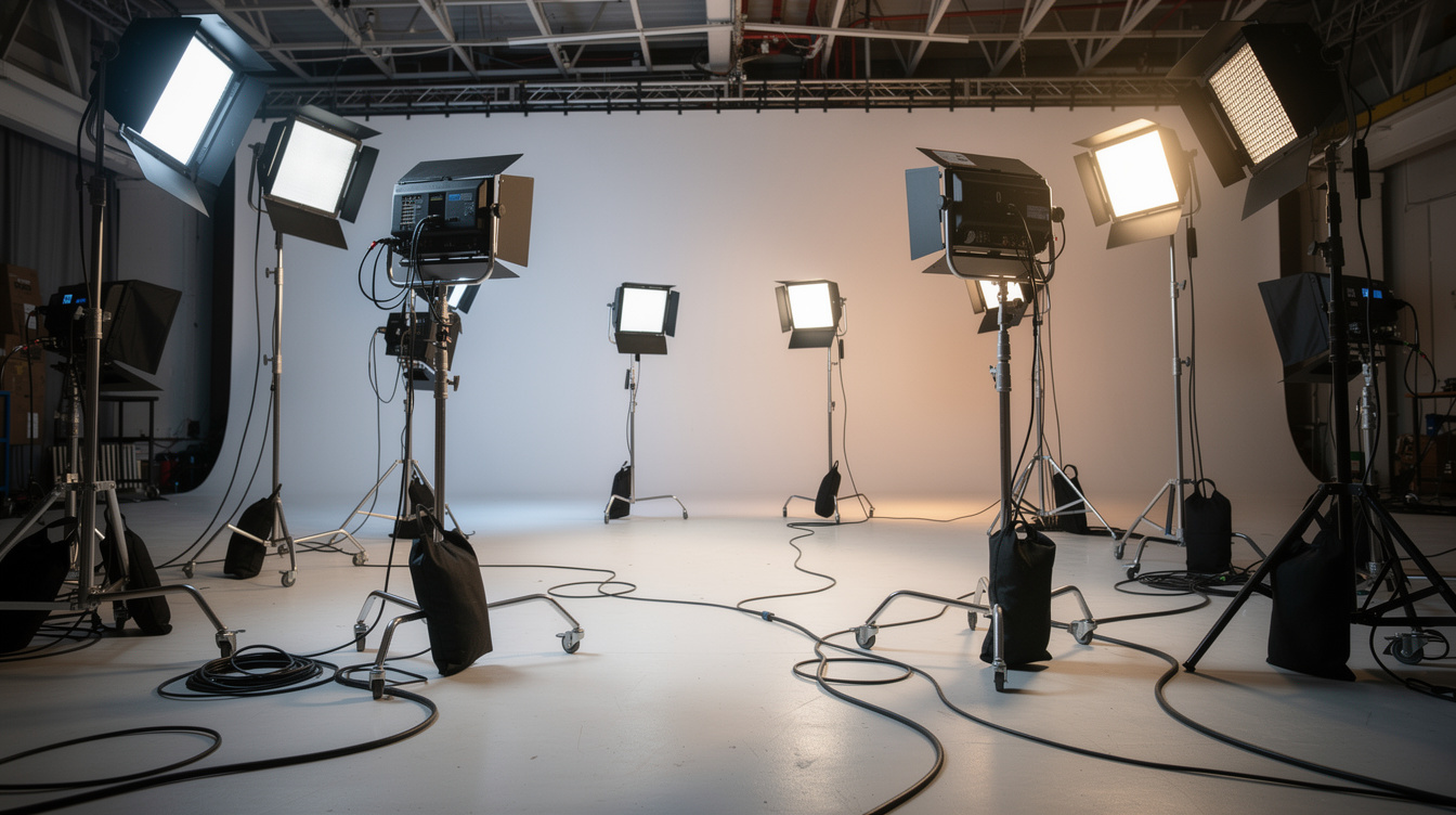 Grid of softbox and LED panel lights arranged around a studio set