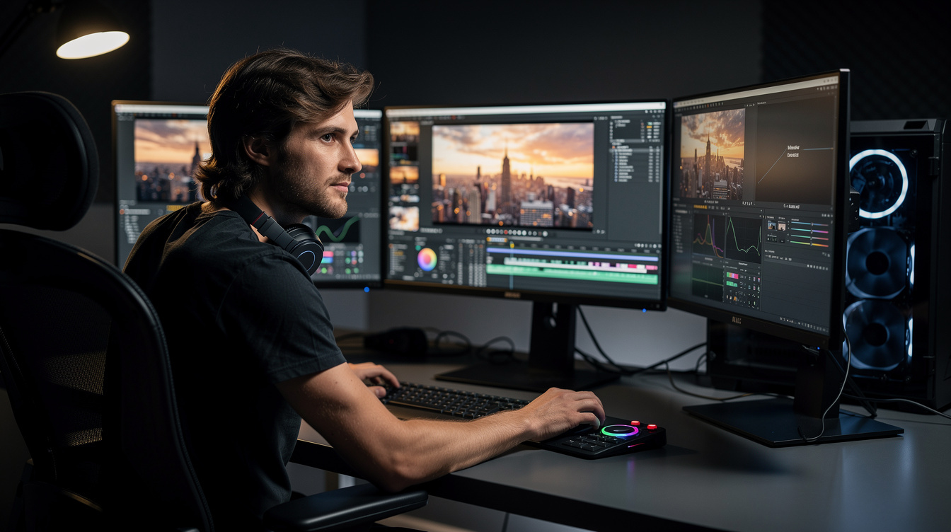 Video editor working at a multi-monitor editing station reviewing footage