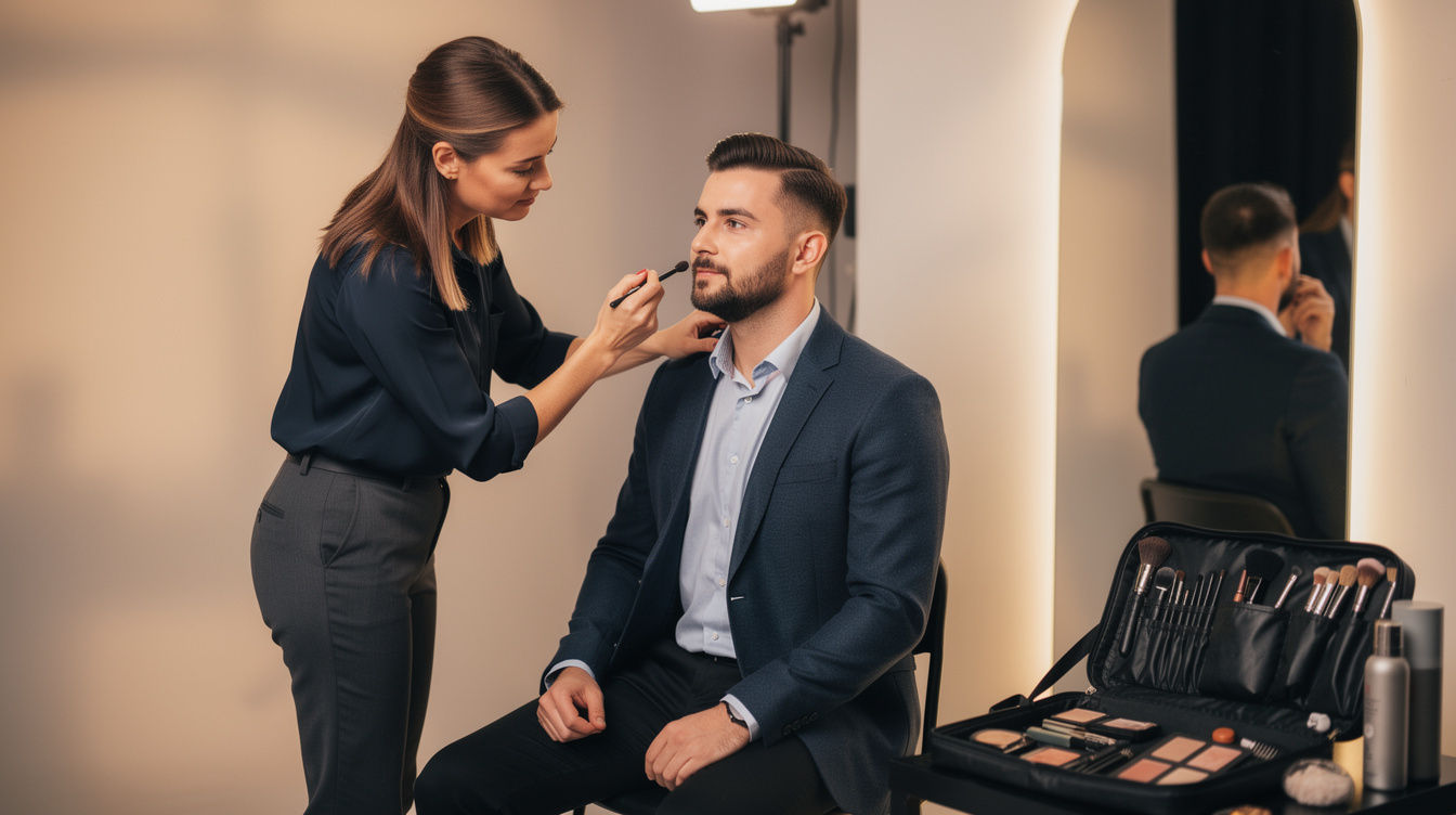 Stylist adjusting the wardrobe and makeup of a guest before an on-camera interview
