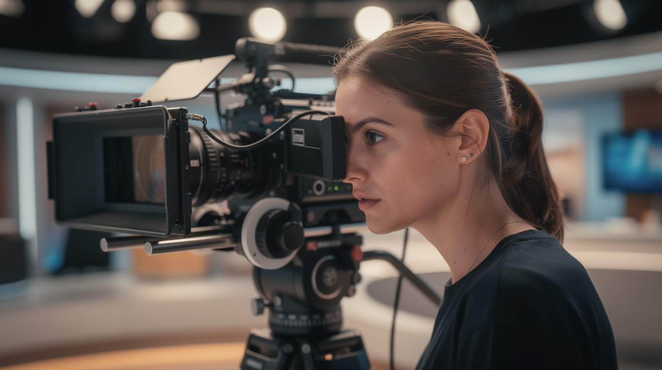 Camera operator framing a shot through a professional cinema camera on a tripod in a studio